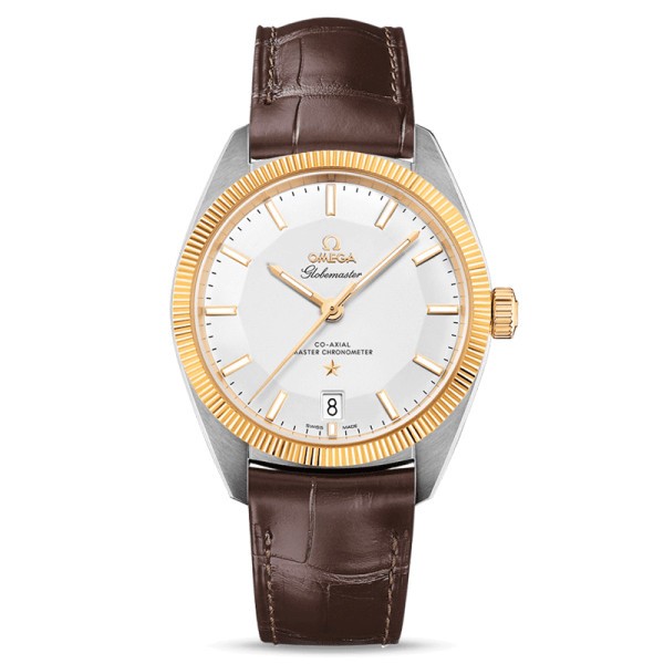 Montre Omega Constellation Globemaster Co-Axial Master Chronometer cadran argent bracelet cuir brun 39 mm