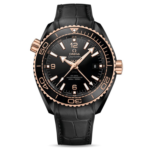 Montre Omega Seamaster Planet Ocean 600m Co-Axial Master Chronometer GMT Deep Black Ceragold bracelet cuir noir 45,5 mm - SOLDAT