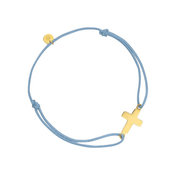 Bracelet Arthus Bertrand Baby Cross en or jaune sur cordon bleu