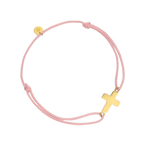 Bracelet Arthus Bertrand Baby Cross en or jaune sur cordon rose