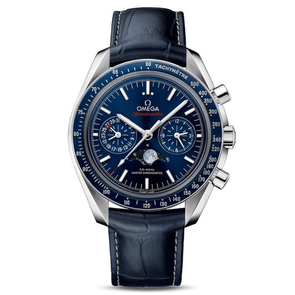 Montre Omega Speedmaster Moonwatch Co-Axial Master Chronometer Phases de lune cadran bleu bracelet cuir 44,25 mm
