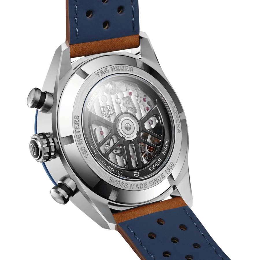 TAG Heuer Carrera Chronograph Heuer 02 automatic watch blue dial brown leather strap 44 mm CBN2A1A.FC6537