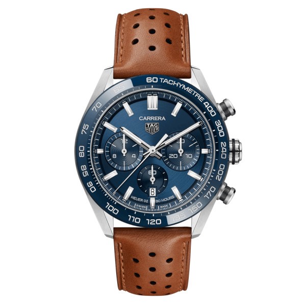 Montre TAG Heuer Carrera Chronographe Heuer 02 automatique cadran bleu bracelet cuir brun 44 mm CBN2A1A.FC6537