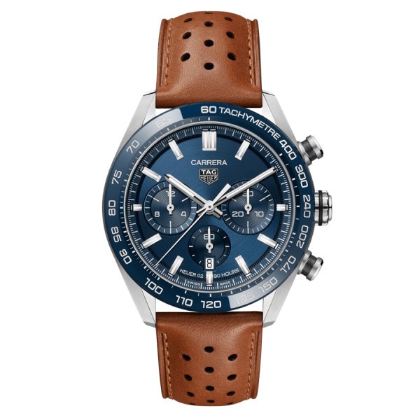 TAG Heuer Carrera Chronograph Heuer 02 automatic watch blue dial brown leather strap 44 mm CBN2A1A.FC6537