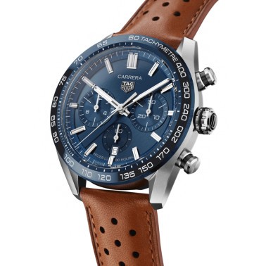 Montre TAG Heuer Carrera Chronographe Heuer 02 automatique cadran bleu bracelet cuir brun 44 mm CBN2A1A.FC6537