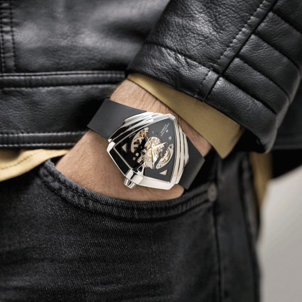 Hamilton Ventura XXL Skeleton automatic watch with skeleton dial and black leather strap 45,5 x 46 mm