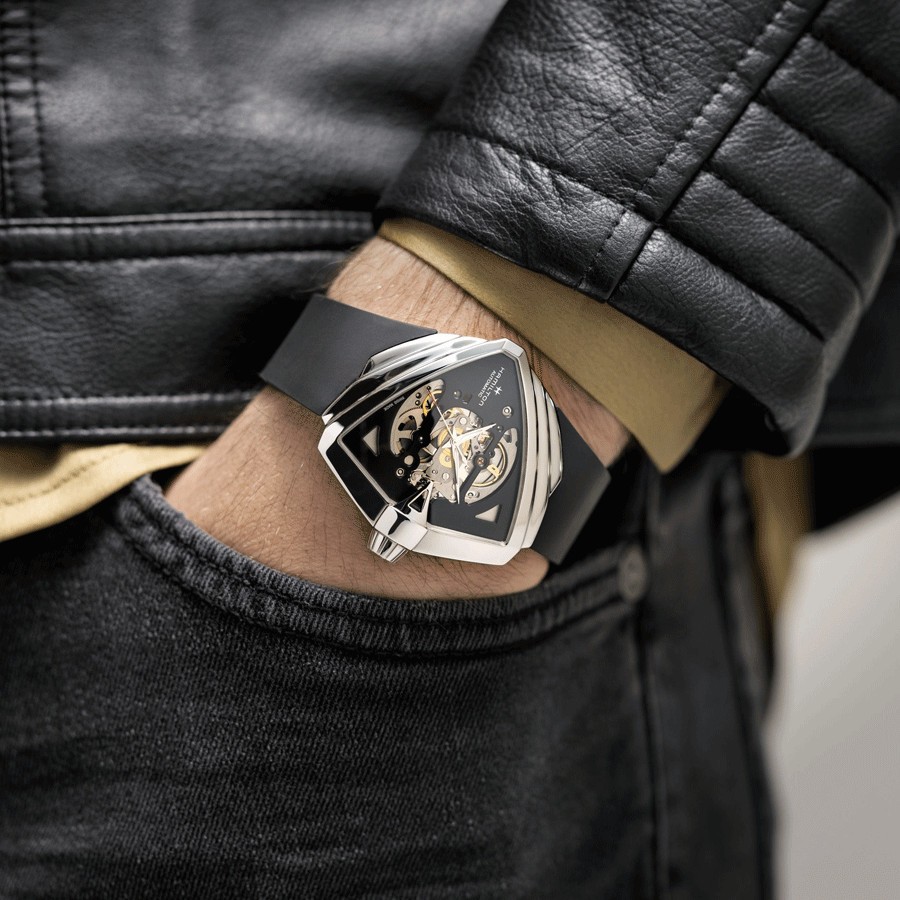 Hamilton Ventura XXL Skeleton automatic watch with skeleton dial and black leather strap 45,5 x 46 mm