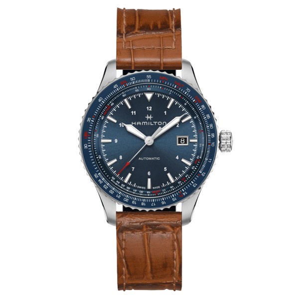 Hamilton Khaki Aviation Converter automatic watch blue dial brown leather strap 42 mm H76645540