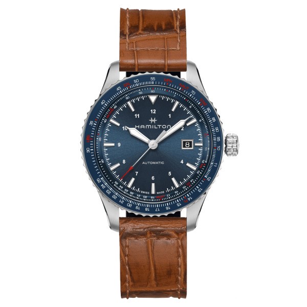 Montre Hamilton Khaki Aviation Converter automatique cadran bleu bracelet cuir brun 42 mm H76645540