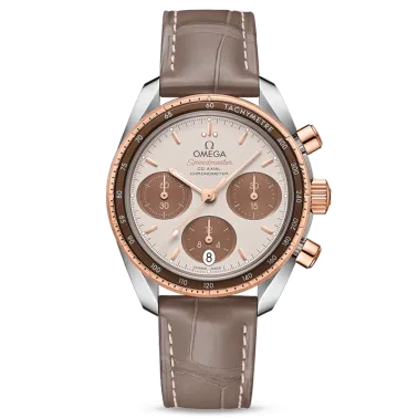 Montre Omega Speedmaster 38 automatique Co-Axial chronographe cadran capuccino bracelet cuir taupe 38 mm