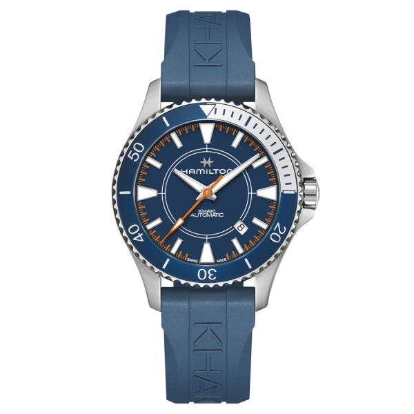 Montre Hamilton Khaki Navy Scuba Edition Spéciale Syroco automatique cadran bleu bracelet caoutchouc bleu 40 mm