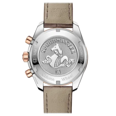 Montre Omega Speedmaster 38 automatique Co-Axial chronographe cadran capuccino lunette sertie bracelet cuir taupe 38 mm