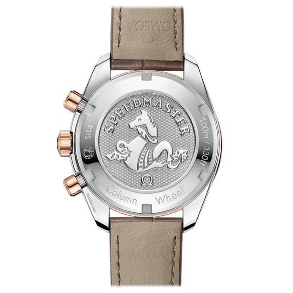 Montre Omega Speedmaster 38 automatique Co-Axial chronographe cadran capuccino lunette sertie bracelet cuir taupe 38 mm