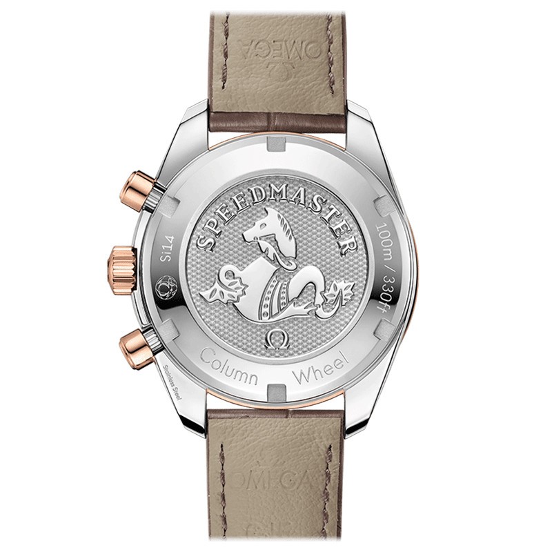 Montre Omega Speedmaster 38 automatique Co-Axial chronographe cadran capuccino lunette sertie bracelet cuir taupe 38 mm