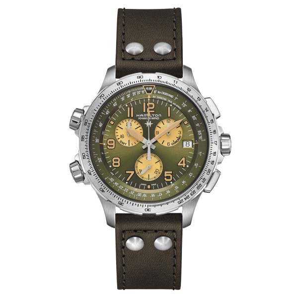 Montre Hamilton Khaki Aviation X-Wind GMT Chrono quartz cadran vert bracelet cuir marron 46 mm