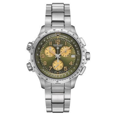 Montre Hamilton Khaki Aviation X-Wind GMT Chrono quartz cadran vert bracelet acier 46 mm H77932160