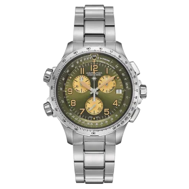 Montre Hamilton Khaki Aviation X-Wind GMT Chrono quartz cadran vert bracelet acier 46 mm H77932160