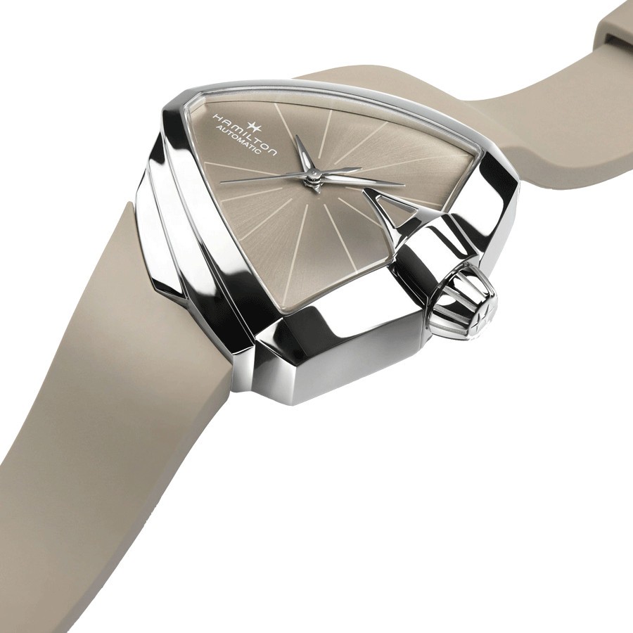 Montre Hamilton Ventura S automatique cadran beige bracelet caoutchouc beige 34,5 x 38 mm