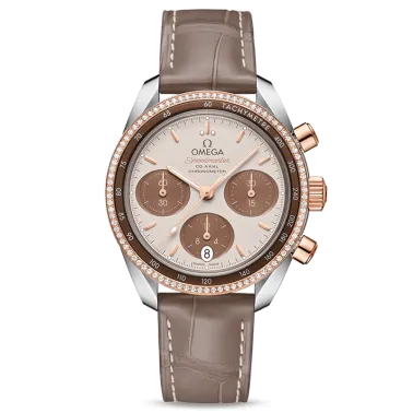 Montre Omega Speedmaster 38 automatique Co-Axial chronographe cadran capuccino lunette sertie bracelet cuir taupe 38 mm