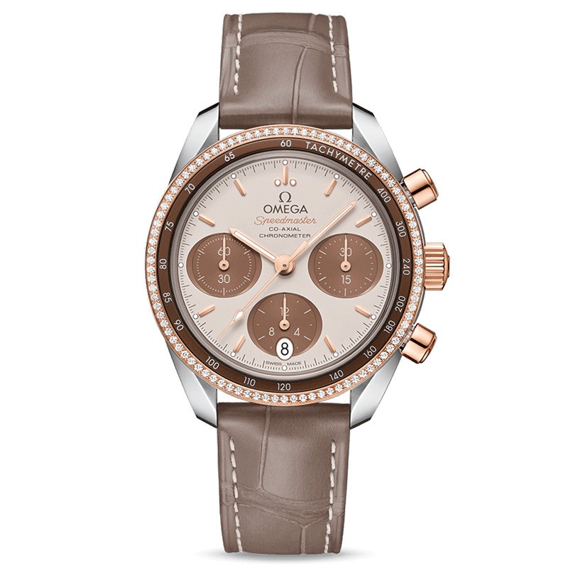 Montre Omega Speedmaster 38 automatique Co-Axial chronographe cadran capuccino lunette sertie bracelet cuir taupe 38 mm
