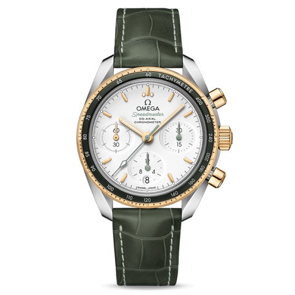 Montre Omega Speedmaster 38 automatique Co-Axial chronographe cadran argent bracelet cuir vert 38 mm
