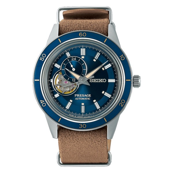 Montre Seiko Presage Style 60's Cœur ouvert automatique cadran bleu bracelet NATO cuir 40,8 mm