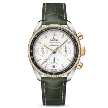 Montre Omega Speedmaster 38 automatique Co-Axial chronographe cadran argent lunette sertie bracelet cuir vert 38 mm
