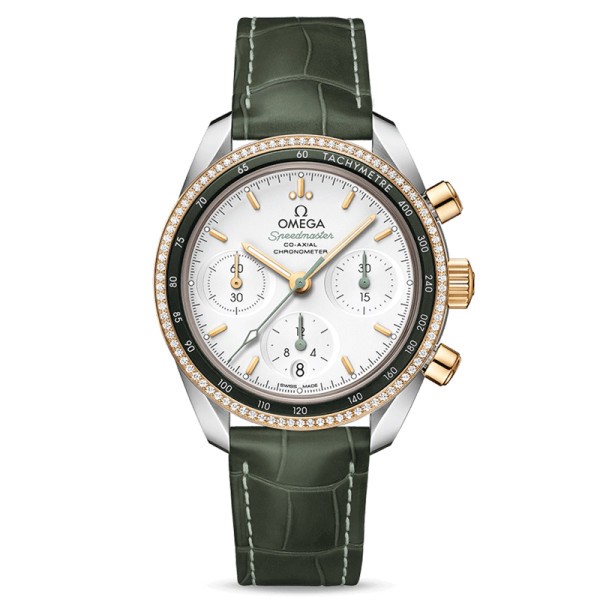 Montre Omega Speedmaster 38 automatique Co-Axial chronographe cadran argent lunette sertie bracelet cuir vert 38 mm - SOLDAT PL