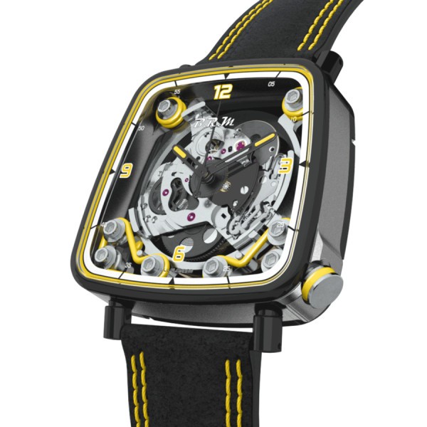Montre B.R.M FF39-40 automatique titane PVD noir couronne laque jaune cadran squelette bracelet cuir Alcantara noir 40 mm