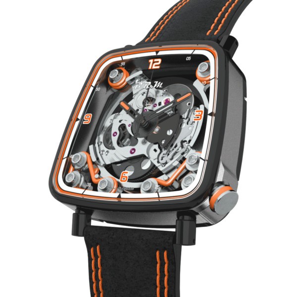 Montre B.R.M FF39-40 automatique titane PVD noir couronne laque orange cadran squelette bracelet cuir Alcantara noir 40 mm