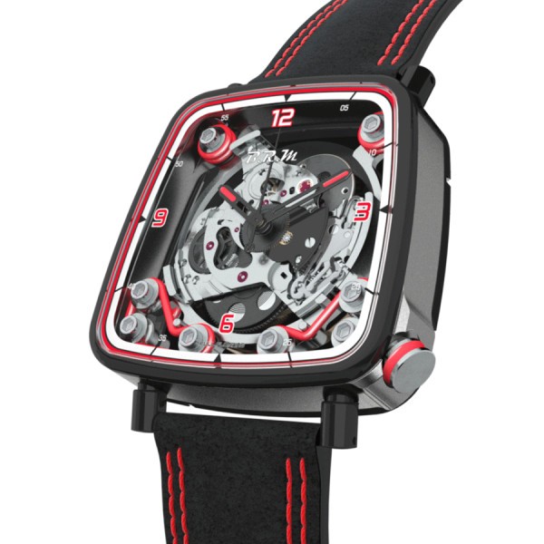 Montre B.R.M FF39-40 automatique titane PVD noir couronne laque rouge cadran squelette bracelet cuir Alcantara noir 40 mm