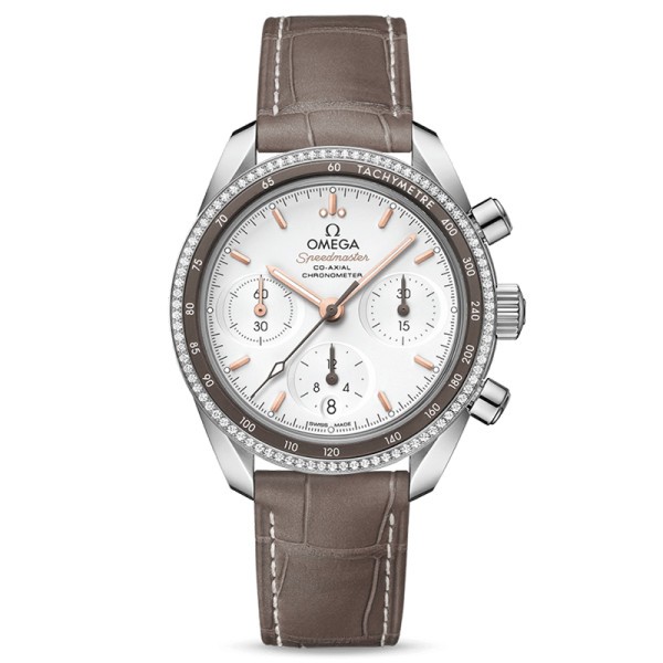 Montre Omega Speedmaster 38 automatique Co-Axial chronographe cadran argent lunette sertie bracelet cuir gris 38 mm