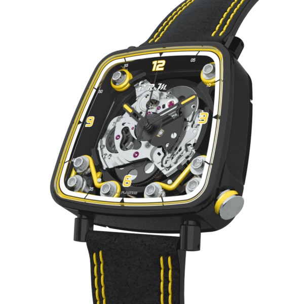 Montre B.R.M FF39-40 automatique titane noir couronne laque jaune cadran squelette bracelet cuir Alcantara noir 40 mm