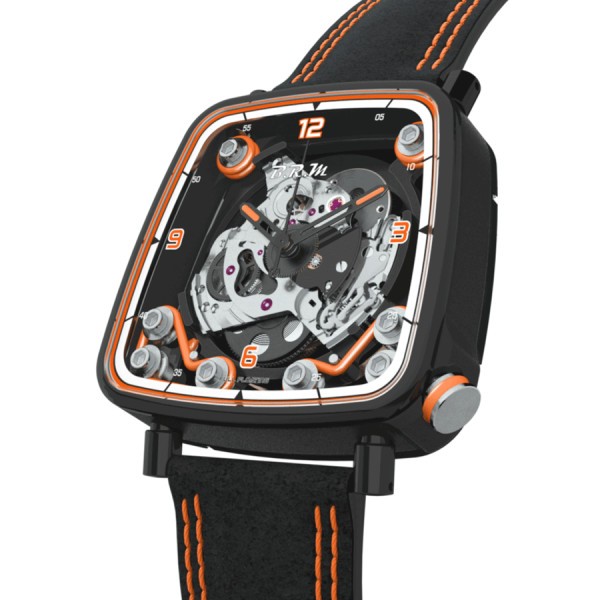 Montre B.R.M FF39-40 automatique titane noir couronne laque orange cadran squelette bracelet cuir Alcantara noir 40 mm