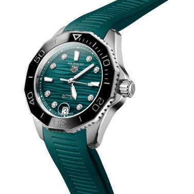 TAG Heuer Aquaracer Professional 300 Date automatic watch with diamond markers blue dial blue rubber strap 36 mm