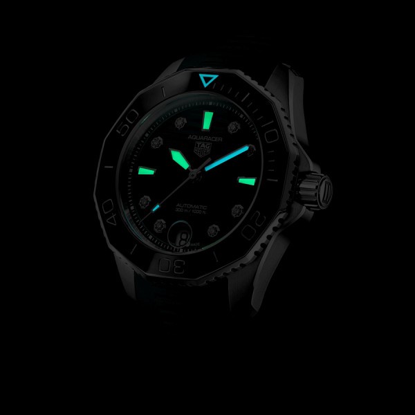 TAG Heuer Aquaracer Professional 300 Date automatic watch with diamond markers blue dial blue rubber strap 36 mm
