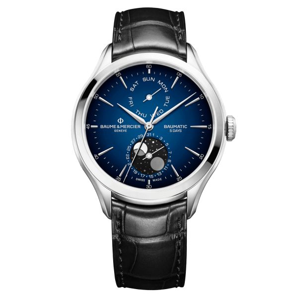 Montre Baume et Mercier Clifton Baumatic Moon Phase automatique cadran bleu bracelet cuir 42 mm 10593