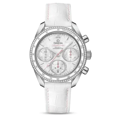 Montre Omega Speedmaster 38 automatique Co-Axial chronographe cadran nacre lunette sertie bracelet cuir blanc 38 mm - SOLDAT PL