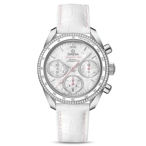 Montre Omega Speedmaster 38 automatique Co-Axial chronographe cadran nacre lunette sertie bracelet cuir blanc 38 mm