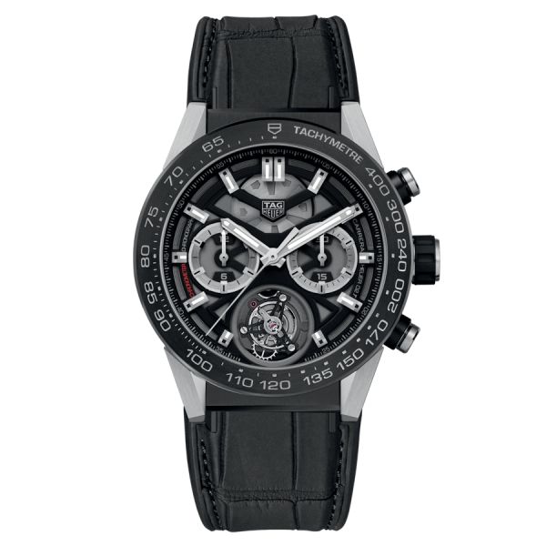 Montre TAG Heuer Carrera Calibre Heuer 02T Tourbillon bracelet croco et caoutchouc noir 45 mm CAR5A8Y.FC6377