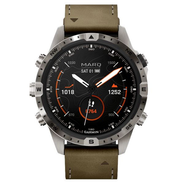 Garmin Marq Gen 2 Adventurer watch sapphire titanium leather and brown rubber strap 46 mm 010-02648-31