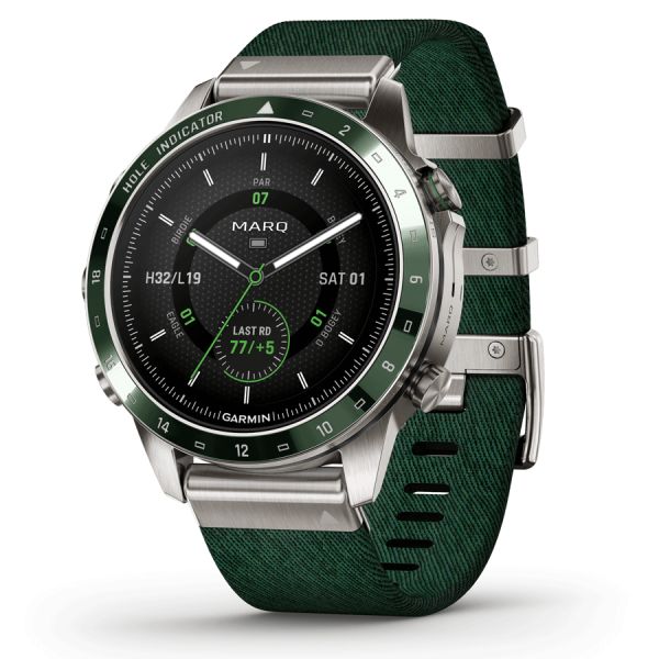 Garmin Marq Gen 2 Golfer watch sapphire titanium and ceramic green nylon strap 46 mm 010-02648-21