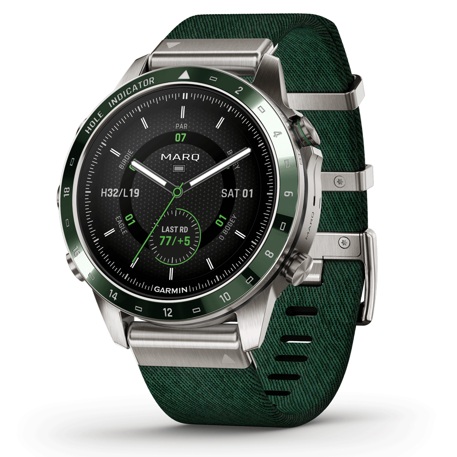 Garmin Marq Gen 2 Golfer watch sapphire titanium and ceramic green nylon strap 46 mm 010-02648-21