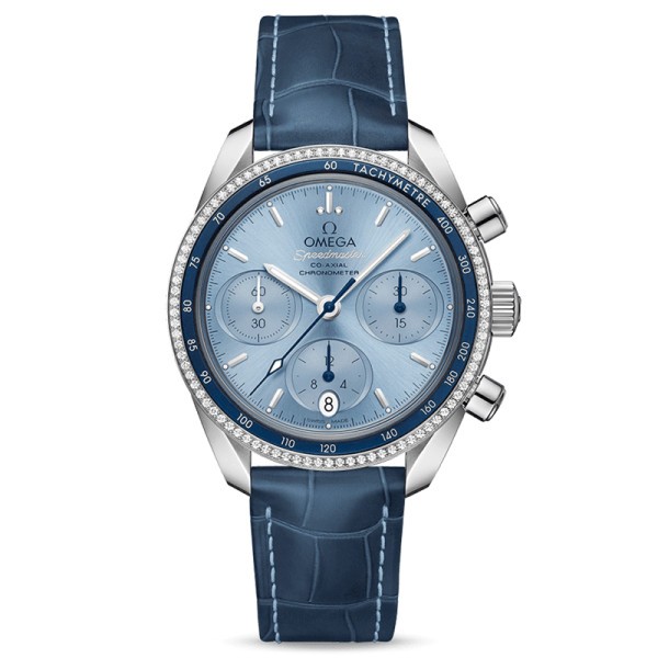 Montre Omega Speedmaster 38 automatique Co-Axial chronographe cadran bleu lunette sertie bracelet cuir bleu 38 mm