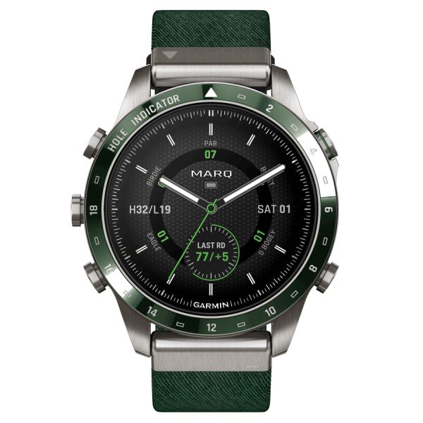 Garmin Marq Gen 2 Golfer watch sapphire titanium and ceramic green nylon strap 46 mm 010-02648-21