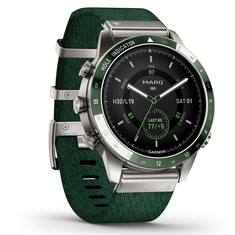 Garmin Marq Gen 2 Golfer watch sapphire titanium and ceramic green nylon strap 46 mm 010-02648-21
