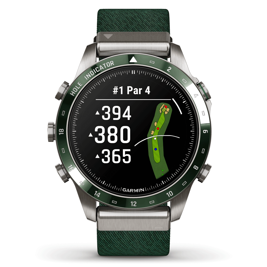 Garmin Marq Gen 2 Golfer watch sapphire titanium and ceramic green nylon strap 46 mm 010-02648-21