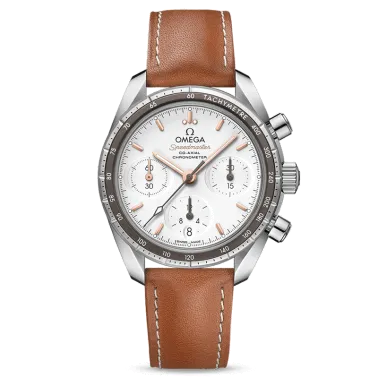 Montre Omega Speedmaster 38 automatique Co-Axial chronographe cadran argent bracelet cuir gold 38 mm