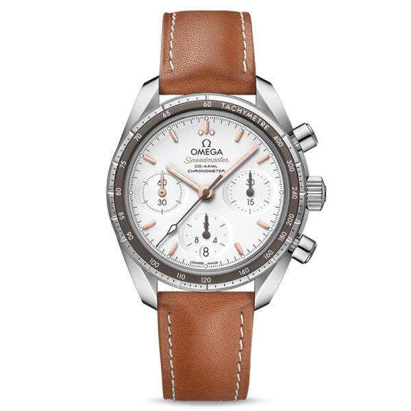 Montre Omega Speedmaster 38 automatique Co-Axial chronographe cadran argent bracelet cuir gold 38 mm