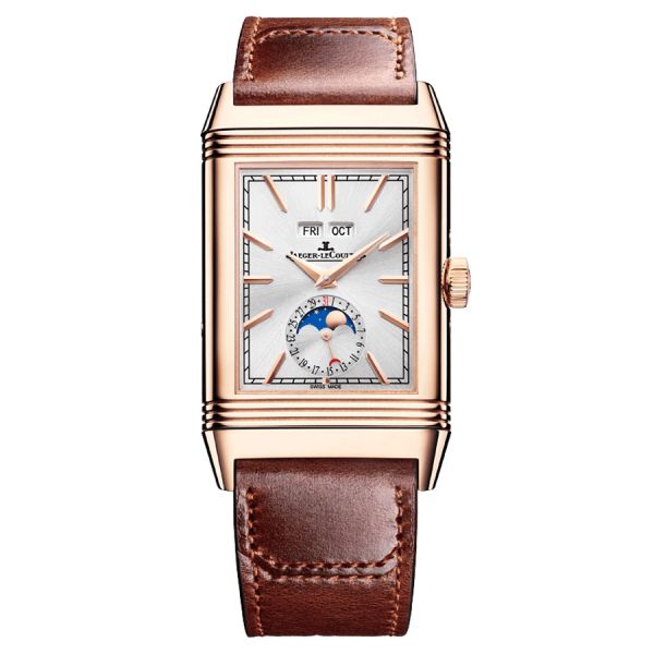 Jaeger-LeCoultre Reverso Tribute Duoface Calendar Pink gold watch manual winding grey dial brown leather strap